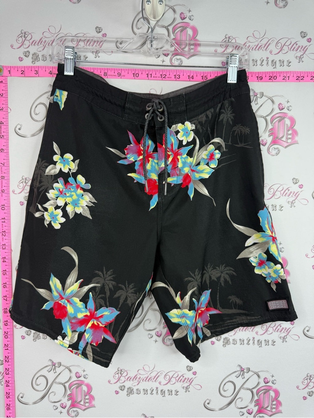 O'Neill Black Floral Board Shorts with Multicolor Hibiscus Print